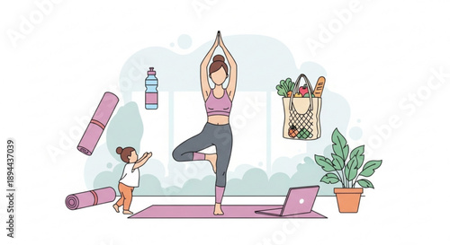 Woman practices yoga with child laptop and fitness gear nearby at home