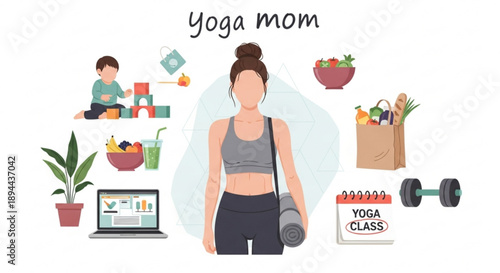 Yoga mom surrounded by healthy food and family activities with yoga mat