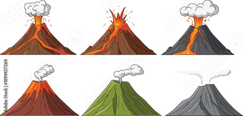 Cartoon volcano illustrations showing erupting and dormant stages with lava, smoke, and ash—educational geology vector set for earth science and natural disaster themes.