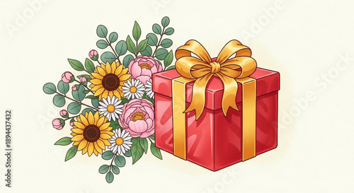 Red gift box with gold ribbon and bouquet of colorful flowers and sunflowers on beige background