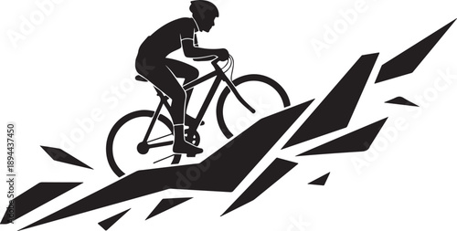Cyclist Riding Bicycle with Abstract Geometric Shapes in Background