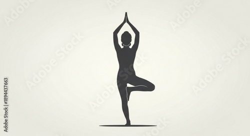 Woman in tree pose with arms raised in yoga meditation on neutral background