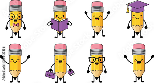 Cartoon-style anthropomorphic pencils with accessories and expressions—playful educational illustration representing school themes like reading, graduation, and academic creativity.