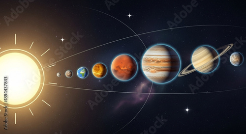 Planets in our solar system orbiting the sun with stars in space