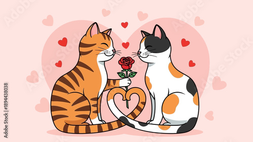 Two cute cats in love sharing a rose with heart tails