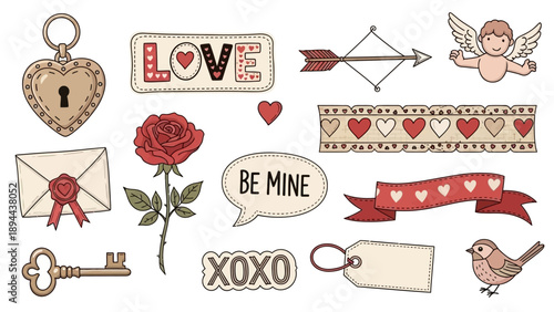 A collection of hand drawn vintage Valentine's Day elements isolated on white.