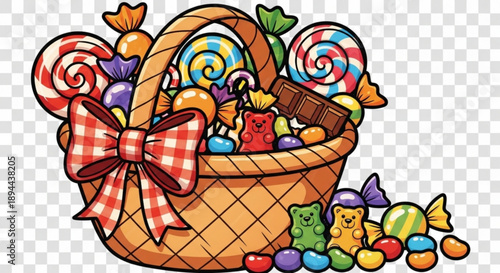 Colorful easter basket filled with assorted candies and chocolates
