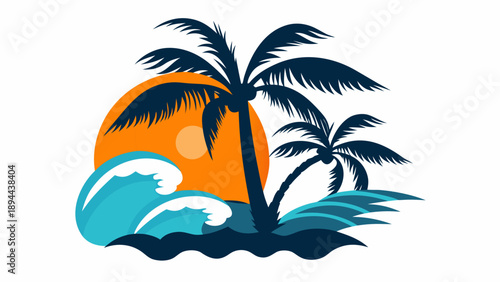 Serene tropical sunset with palm trees and ocean waves