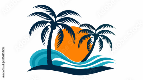 Tropical island getaway with palm trees at sunset