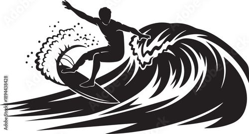 Surfer riding a wave in a dynamic black silhouette