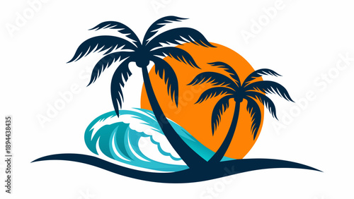 Tropical paradise with swaying palm trees at sunset