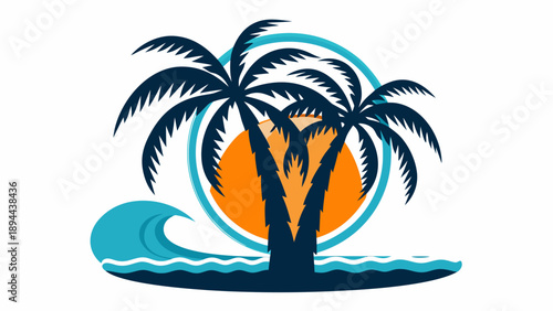 Tropical island getaway with palm trees at sunset