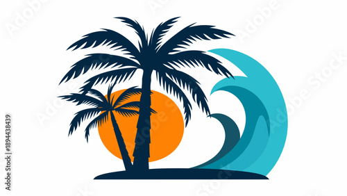 Serene tropical island getaway with swaying palm trees and ocean wave