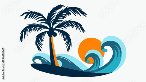 Tropical island getaway with palm tree and ocean waves at sunset