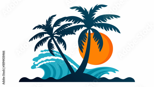 Serene tropical island with swaying palm trees at sunset