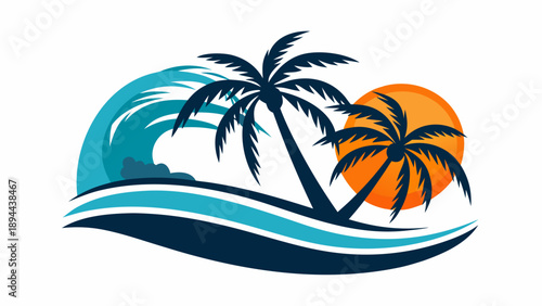 Tropical beach scene with palm trees and sunset