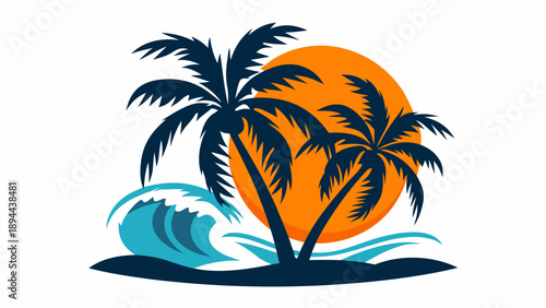 Tropical island getaway with palm trees and sunset