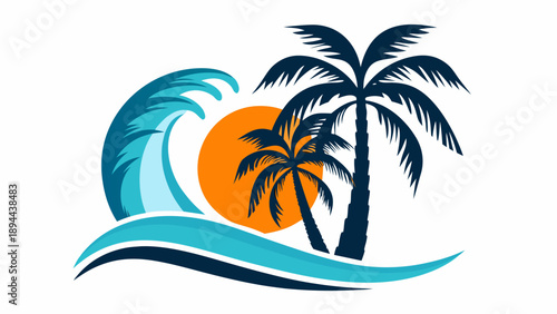 Tropical paradise with palm trees and ocean wave at sunset