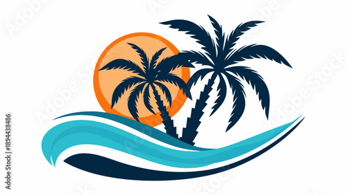 Tropical beach scene with palm trees and sunset