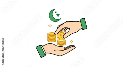Hands exchanging gold coins under a green crescent moon symbol