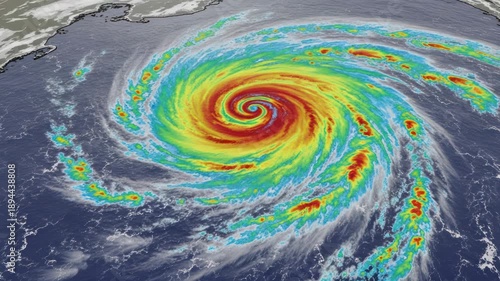 Hurricane viewed from space, swirling clouds, intense storm system, weather radar