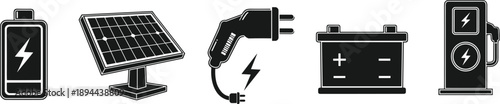 Renewable energy icons set, battery power, solar panel, electric plug, charging station, clean energy, black vector illustration design