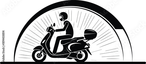 Scooter rider silhouette illustration, delivery transport concept, urban mobility, motorcycle courier, black vector design, modern city travel icon