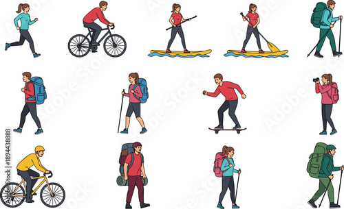Cartoon illustrations of active people enjoying outdoor sports and adventures like hiking, cycling, running, and paddleboarding in nature and recreational settings