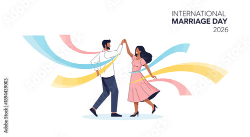 Cartoon illustration of a man and woman dancing together on International Marriage Day 2026 in America, surrounded by colorful symbolic elements.
