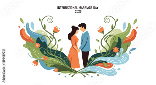 Cartoon illustration of a couple surrounded by floral elements and water, celebrating International Marriage Day 2026 in a symbolic American vector design.