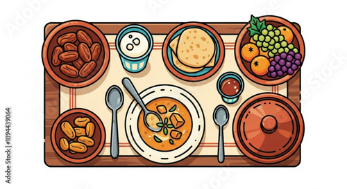 Colorful middle eastern or mediterranean meal with soup flatbread fruits nuts and yogurt on a wooden tray