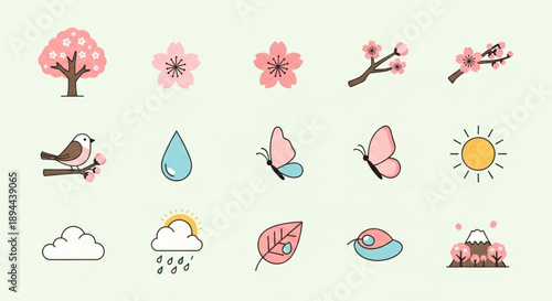 Spring weather icons set with blossoming tree flowers bird butterfly sun and rain