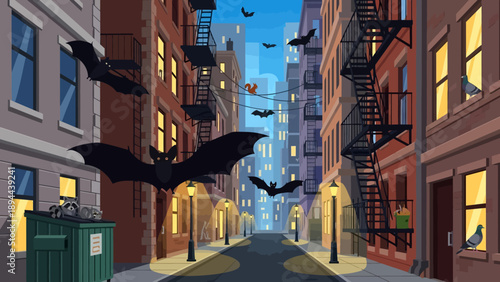 Bats Flying in City Street at Night.