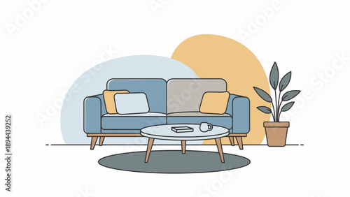 Blue Sofa with Pillows and Coffee Table.