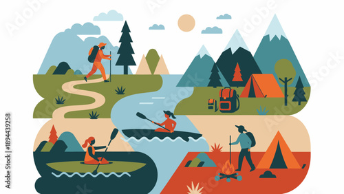 Camping Adventure Illustration with People and Tents.