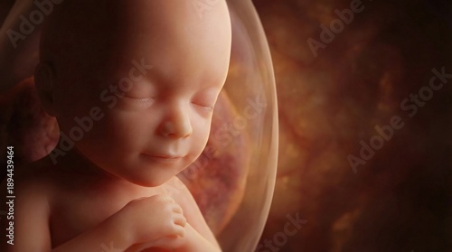 A serene and detailed 3D ultrasound image of a developing fetus peacefully resting within the amniotic sac.