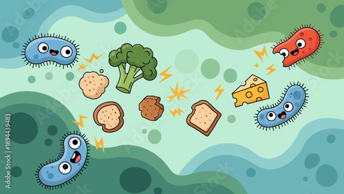 Colorful Cartoon Microbes Surrounding Food Items.