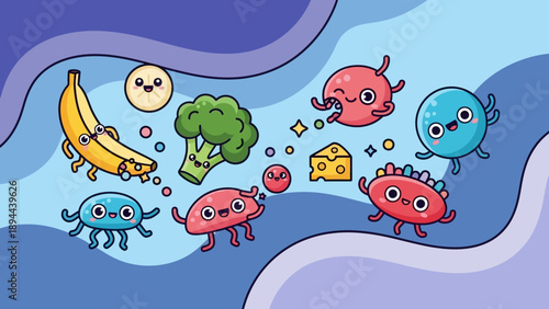 Cute Cartoon Bacteria Surrounding Healthy Food.