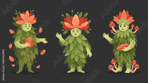 Three Cartoon Characters with Floral Heads.