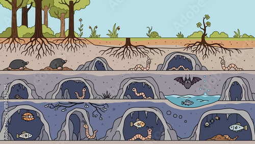 Underground Animal Burrows with Various Creatures.