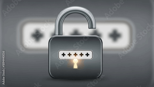 Unlocked padlock with password field and keyhole.