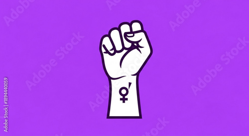 Raised fist with female symbol tattoo on purple background for feminism and equality
