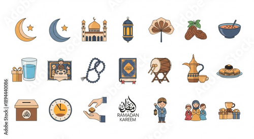 Ramadan kareem icons set with mosque lantern dates and traditional food