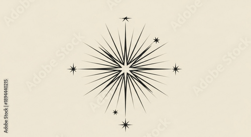 Black starburst design with lines and dots on beige background