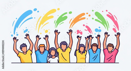 Diverse group of people celebrating with raised hands and colorful splashes