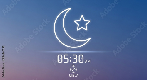 Crescent moon and star symbol with prayer time 05 30 am qibla direction icon on gradient blue background
