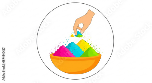 Hand scoops colorful powder from vibrant orange bowl for holi celebration