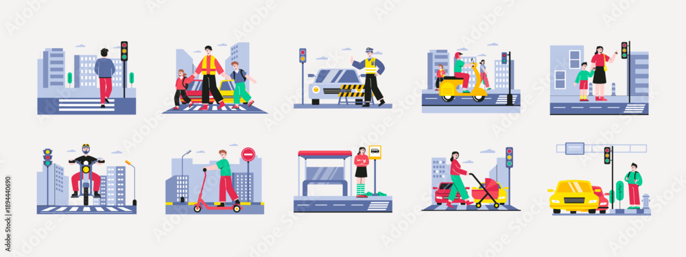 Fototapeta premium Set of 10 traffic illustrations packs. Flat vector concepts.