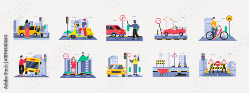 Set of 10 traffic illustrations packs. Flat vector concepts.