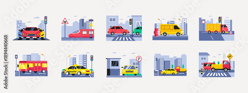 Set of 10 traffic illustrations packs. Flat vector concepts.